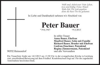 Traueranzeige von Peter Bauer von Pegnitz-Zeitung